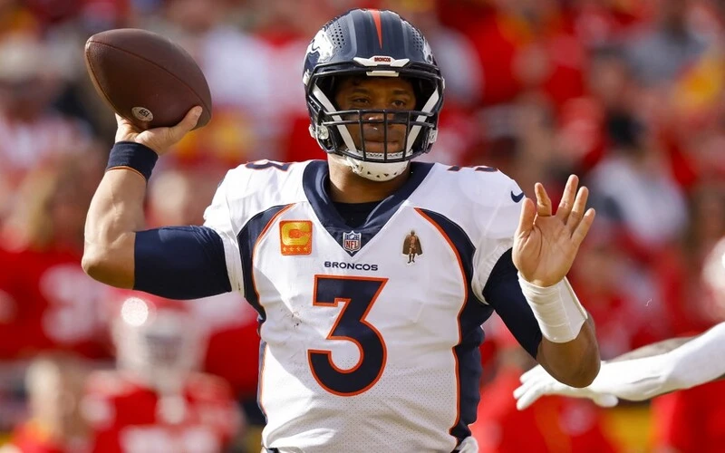 Russell Wilson #3 of the Denver Broncos throws a pass during the first quarter in the game against the Kansas City Chiefs.