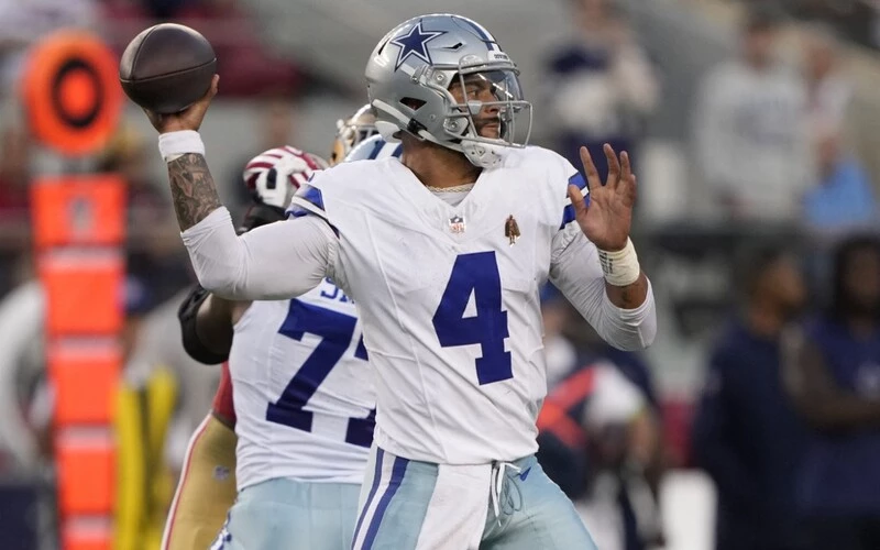 Dak Prescott #4 of the Dallas Cowboys throws a pass during the first half against the San Francisco 49ers at Levi's Stadium on October 08, 2023 in Santa Clara, California.