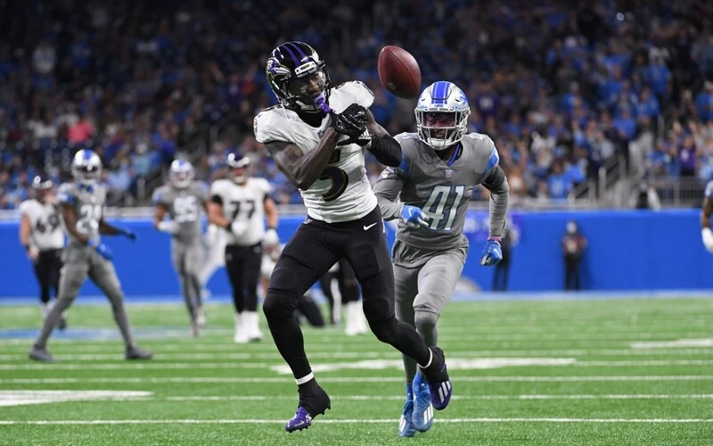 Marquise Brown #5 of the Baltimore Ravens attempts to catch a pass during the second quarter in the game against the Detroit Lions. Lions vs Ravens Betting will be on fire in Week 7.