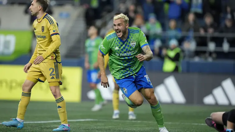 Seattle Sounders forward Jordan Morris (13) celebrates his 1st half goal during an MLS game between Real Salt Lake and the Seattle Sounders on March 4, 2023 at Lumen Field in Seattle, WA. The Seattle vs Dallas Odds are set for Game 1.