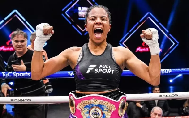 Danila Ramos celebrating her victory against Karen Carabajal. The Serrano vs Ramos prediction for the Weekend's Fight are set.