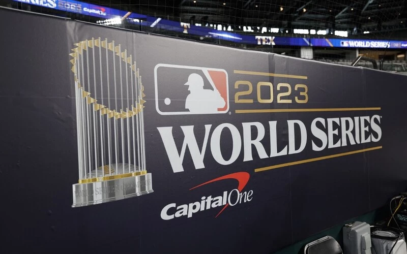 World Series signage is seen during the World Series Workout Day for the Texas Rangers and the Arizona Diamondbacks at Globe Life Field on October 26, 2023 in Arlington, Texas. The Dbacks vs Rangers odds are set for tonight's game.