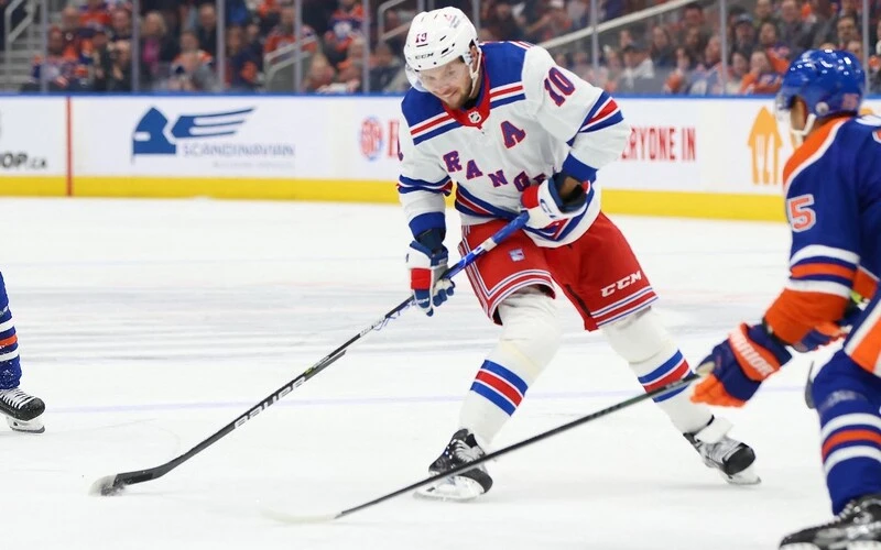 Artemi Panarin #10 of the New York Rangers shoots the puck in the first period against the Edmonton Oilers on October 26, 2023 at Rogers Place in Edmonton, Alberta, Canada. The Red Wings vs Rangers Betting Odds are set.