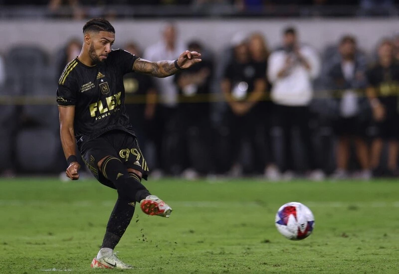 Denis Bouanga #99 of Los Angeles FC misses on a penalty kick shootout during a loss to the UANL Tigres at BMO Stadium on September 27, 2023 in Los Angeles, California. The Vancouver vs LAFC Odds are set.