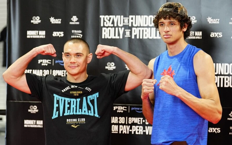 Tszyu vs Fundora Prediction: Tim Tszyu and Sebastian Fundora pose at the Split T Boxing Club on March 21, 2024 in Las Vegas, Nevada. Fundora is scheduled to challenge WBO junior middleweight champion Tim Tszyu's for his title and the vacant WBC super welterweight belt on March 30, 2024, at T-Mobile Arena in Las Vegas. Louis Grasse/Getty Images/AFP
