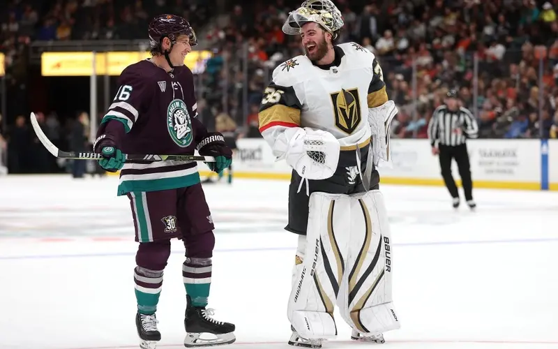 Ryan Strome #16 of the Anaheim Ducks shares a laugh with Logan Thompson #36 of the Vegas Golden Knights during a timeout in the second period of a game at Honda Center on November 05, 2023 in Anaheim, California. Sean M. Haffey/Getty Images/AFP