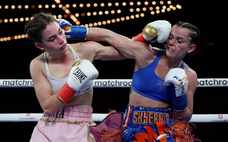 Nicolson vs Mahfoud Prediction: Skye Nicolson exchanges punches with Tania Alvarez during their WBC featherweight eliminator fight at The Hulu Theater at Madison Square Garden on February 04, 2023 in New York City. Al Bello/Getty Images/AFP