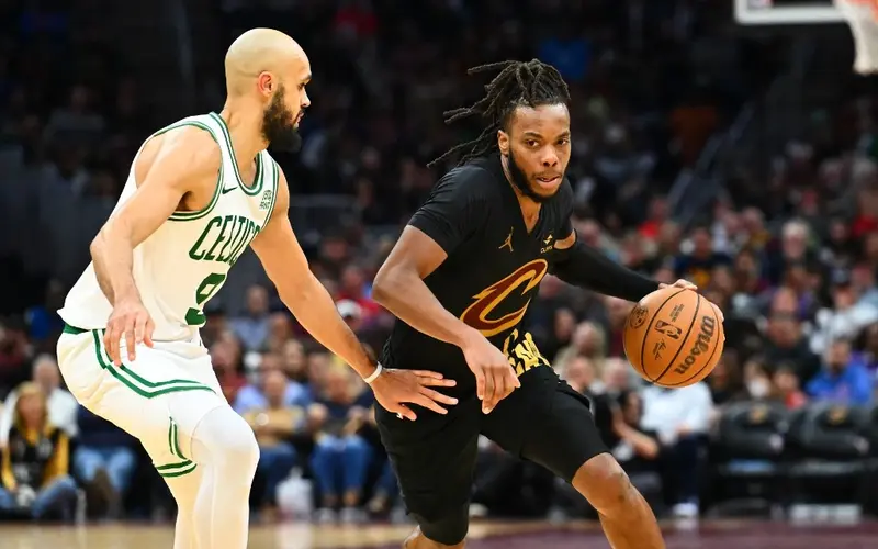 Derrick White #9 of the Boston Celtics guards Darius Garland #10 of the Cleveland Cavaliers during the third quarter at Rocket Mortgage Fieldhouse on March 05, 2024 in Cleveland, Ohio. The Cavaliers defeated the Celtics 105-104.