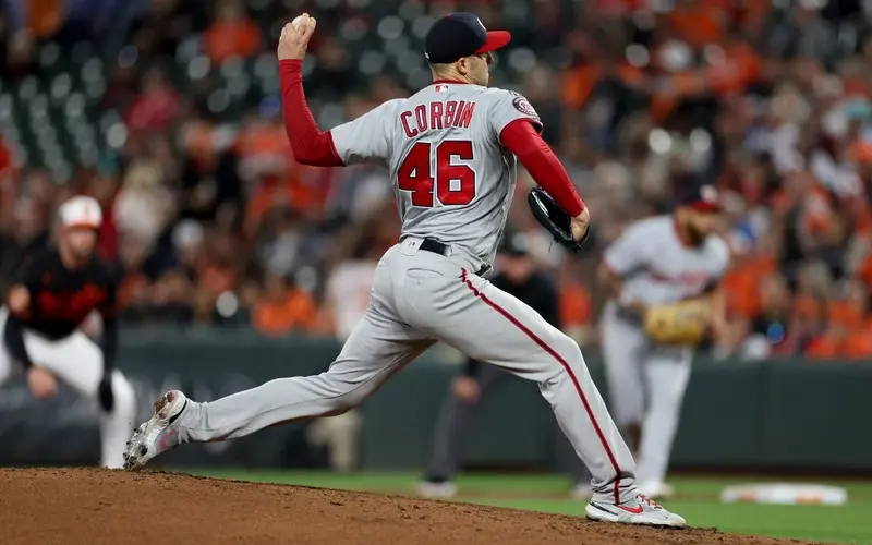 Patrick Corbin #46 of the Washington Nationals pitches to a Baltimore Orioles batter in the second inning at Oriole Park at Camden Yards on September 27, 2023 in Baltimore, Maryland