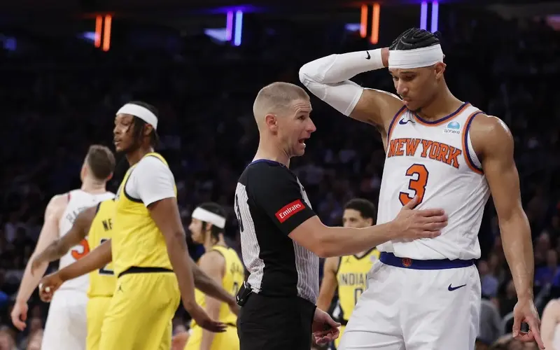 Josh Hart #3 of the New York Knicks reacts toward referee Tyler Ford #39 during Game One of the Eastern Conference Second Round Playoffs against the Indiana Pacers at Madison Square Garden on May 06, 2024 in New York City.