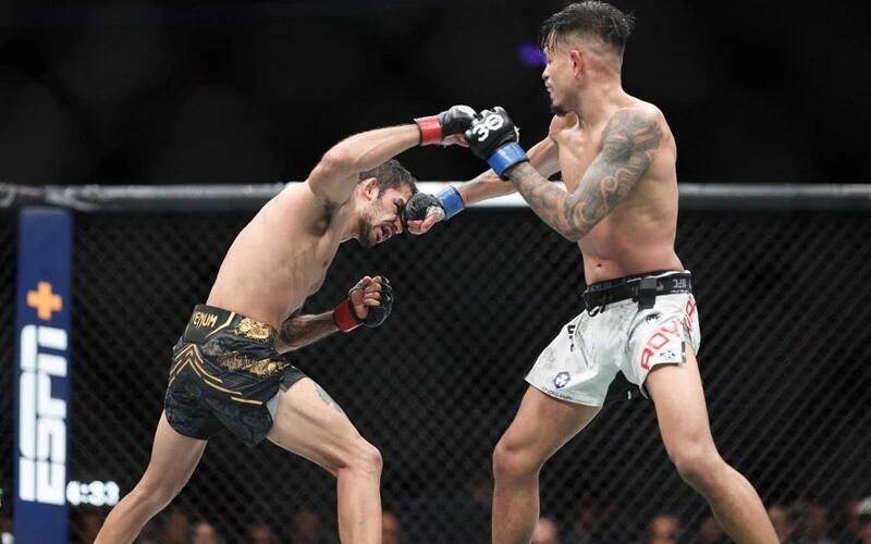 Pantoja vs Erceg Betting: Alexandre Pantoja of Brazil (L) exchanges punches with Brandon Royval of the United States in the flyweight title fight during the UFC 296: Edwards vs. Covington event at T-Mobile Arena on December 16, 2023 in Las Vegas, Nevada. Sean M. Haffey/Getty Images/AFP